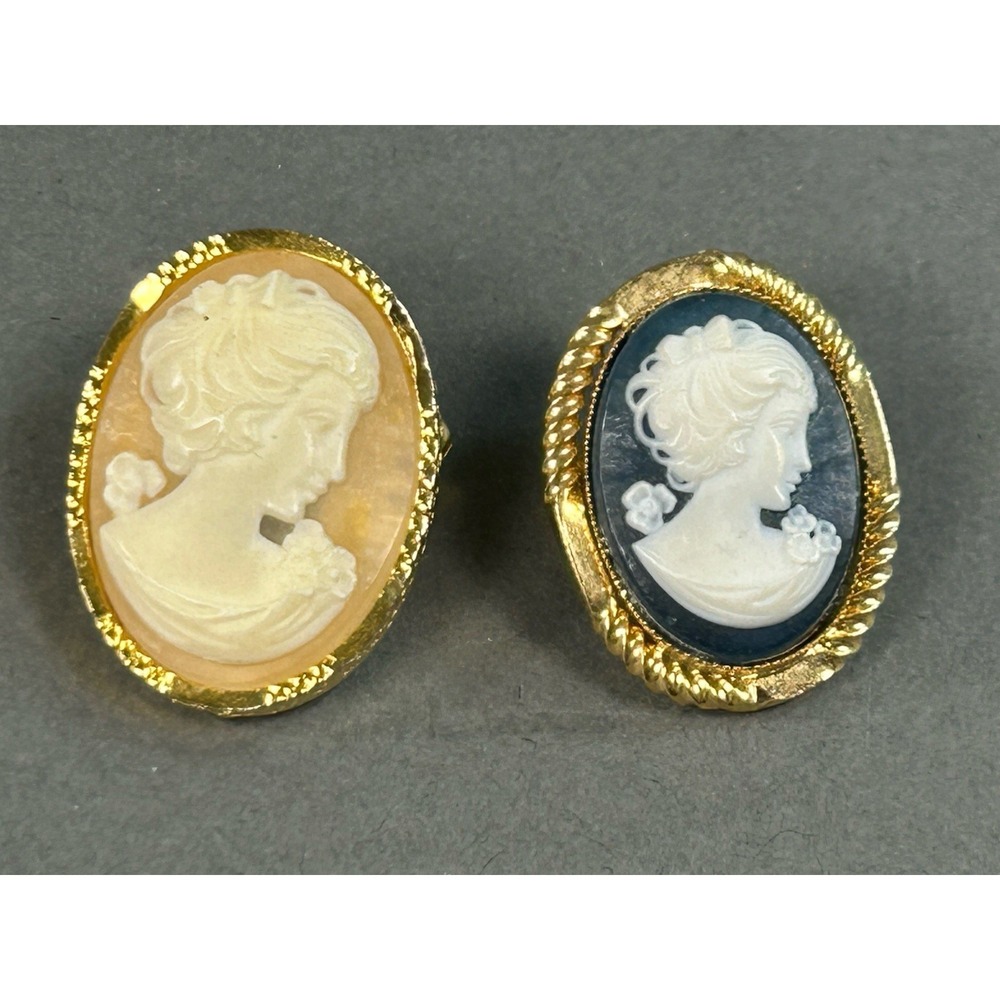 Vintage Gold Tone Cameo Brooch Pin Lot of 2 Blue & Tan Lady Portrait Victorian